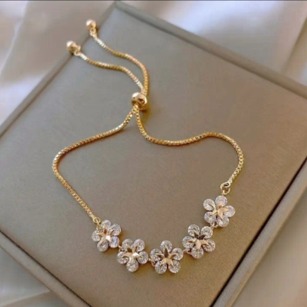 Adjustable Stainless Steel Bracelet Gold Tone With‎ Flower Crystals